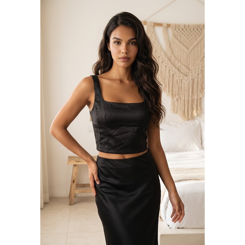 Mi Ami Francesca's Black Satin Crop Top Tank Square Neck Side Zip Medium NWT